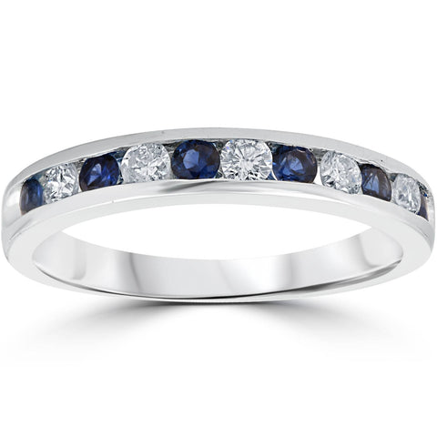 3/4ct Blue Sapphire & Diamond Channel Set Wedding Stackable Ring 14K White Gold