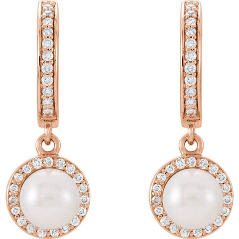 14kt Rose Freshwater Cultured Pearl & 1/5ctW Diamond Dangle Hoops Earrings
