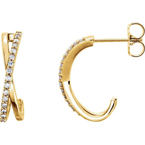 14K Yellow Gold Diamond Hoops Criss Cross Earrings 1/4 Carat Brilliant 3/4" Tall