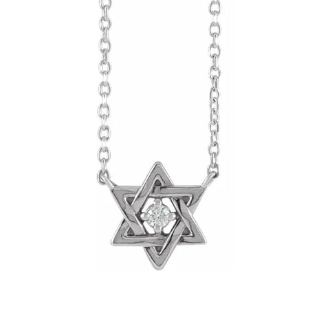 14k White Gold Star Of David Diamond Solitaire Pendant 18" Necklace