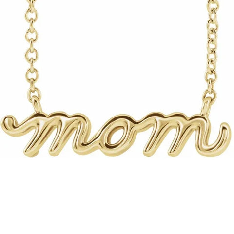 14K Yellow Petite Mom Script Pendant 18" Necklace 3/4" Wide