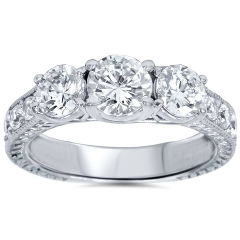 2ct Vintage Three Stone Round Diamond Engagement Ring 14K White Gold