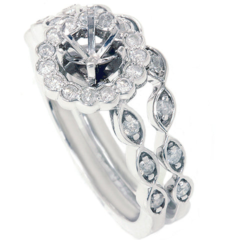 1/2ct Vintage Halo Diamond Engamnet Bridal Ring Set Semi Mount 14K White Gold