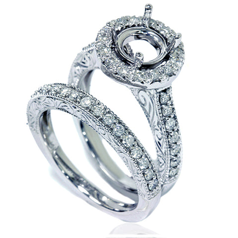 1ct Vintage Engagement Bridal Ring Set Semi Mount 14K White Gold