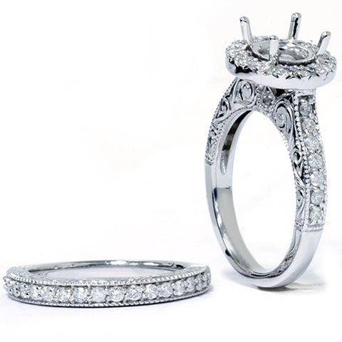 1ct Vintage Engagement Bridal Ring Set Semi Mount 14K White Gold