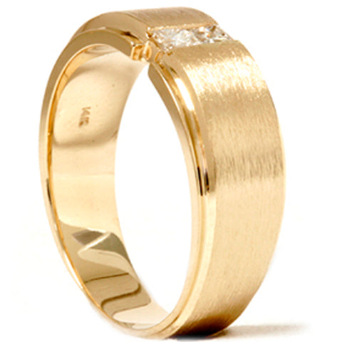 Mens Gold Princess Cut Diamond Brushed Wedding Ring