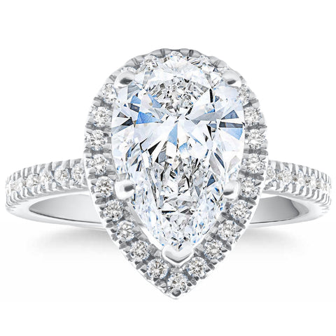 3 5/8Ct Pear Shape Halo Diamond Engagement Ring Lab Grown 10k White Yellow Gold