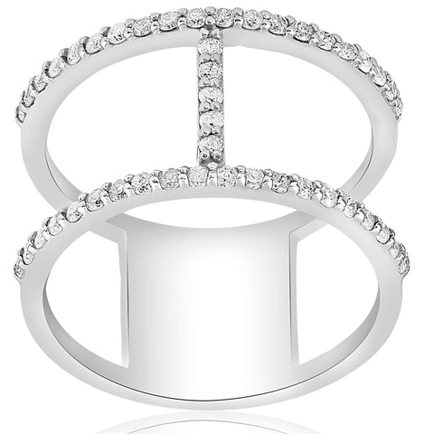 1/2ct Designer Diamond Right Hand Wide H Shape Fashion Ring 10K White Gold