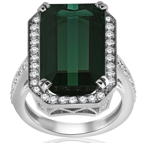 11 1/4ct Vintage Tourmaline Pave VVS Diamond Engagement Ring 18K White Gold Size 6