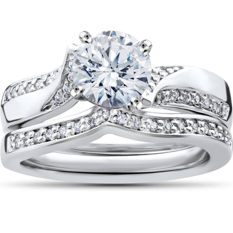 3/4ct Solitaire Diamond Twist Engagement Ring & Matching Wedding Band White Gold