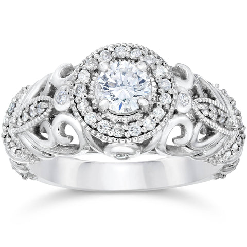 3/4ct Vintage Diamond Engagement Ring 14K White Gold