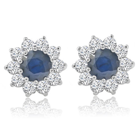 1 3/4ct Treated Blue Sapphire & Diamond Halo Studs Earrings 14K White Gold