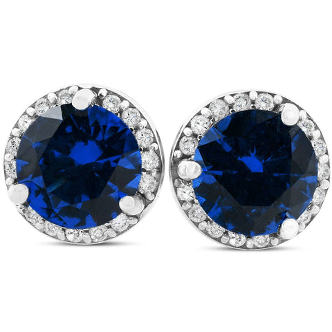 1 Ct Genuine Blue Sapphire & Diamond Halo Studs 10K White Gold Earrings