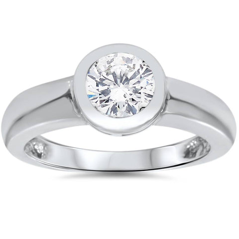 1ct Bezel Set Solitaire Diamond Engagement Ring 14K White Gold Round Enhanced