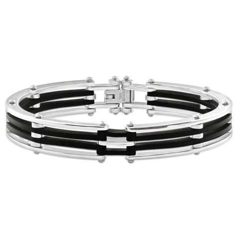 Men's Steel And Black Silicone Latched 8" 13.5mm " Cuffed Bracelet