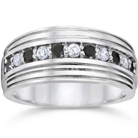 Mens 10k White Gold Alternating Black & White Diamond 1/2ct Wedding Ring