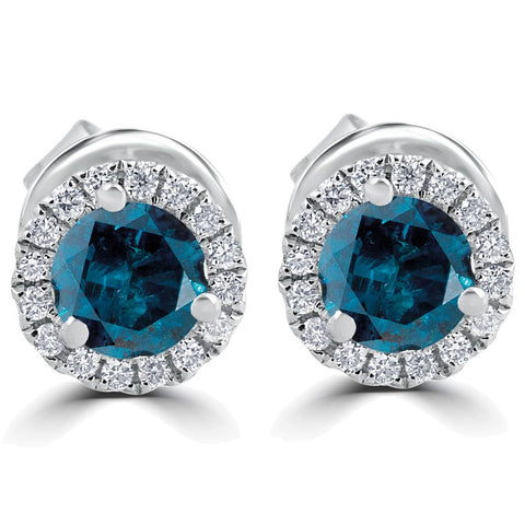 1Ct Blue Diamond Halo Studs 10k White Gold Earrings