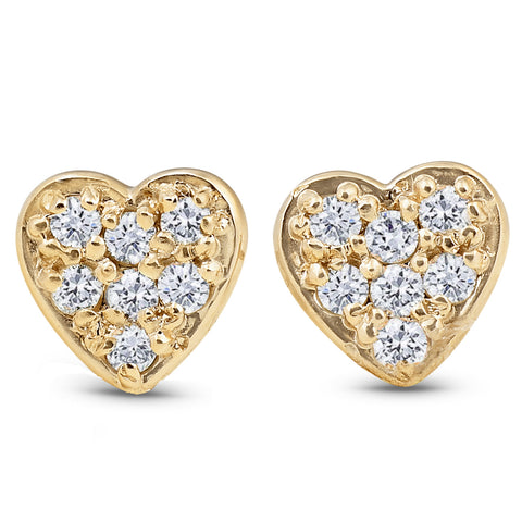 14K Yellow Gold Diamond Pave Petite Heart Studs Dainty High Polished 5.7MM