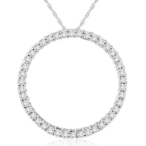 1Ct Diamond Circle Of Life Eternity Pendant 14K White Gold Necklace 1" Tall