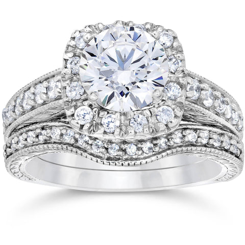1 3/4ct Cushion Diamond Vintage Halo Engagement Ring Set Enhanced 14K White Gold