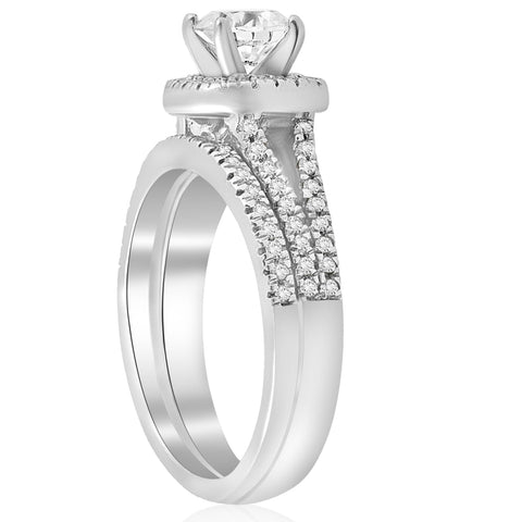 1 ct Cushion Halo Diamond Engagement Ring Set Split Shank Wedding 14K White Gold