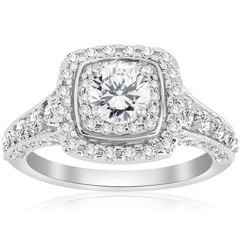 1 1/2ct Double Halo Cushion Vintage Diamond Engagement Ring 14K White Gold