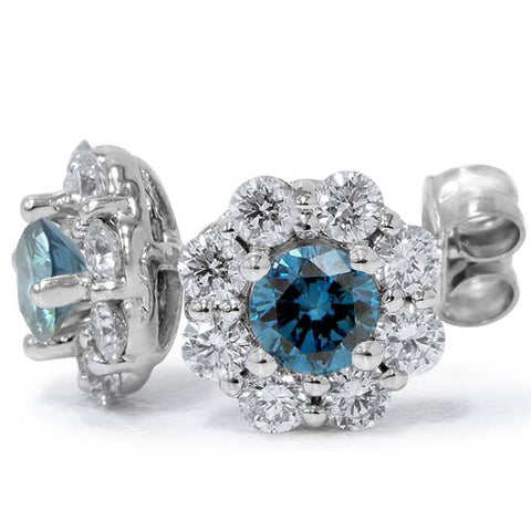 1 1/2CT Treated Blue & White Diamond Halo Stud Earrings Solid 14K White Gold