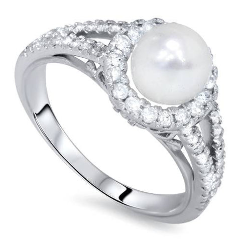 Diamond Pearl Halo Ring 14K White Gold