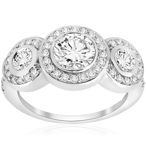 2ct 3 Stone Halo Enhanced Diamond Engagement Round Cut 14K White Gold Jewelry