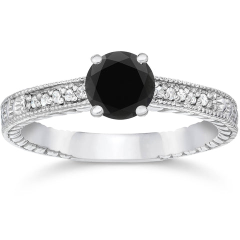 1 1/5ct Vintage Treated Black & White Diamond Engagement Ring 14K White Gold