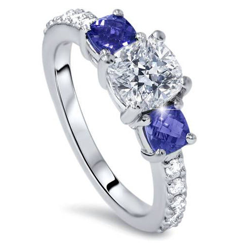 G SI 3.25ct Cushion Diamond & Treated Blue Sapphire Engagement Ring 14k Enhanced