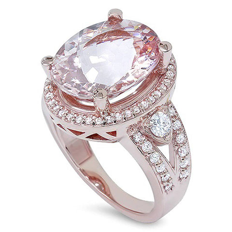 9ct Morganite & Diamond Engagement Ring 14K Rose Gold Halo Split Shank