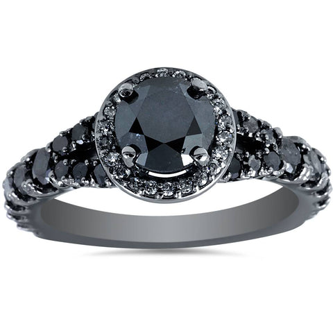 1 3/8ct Treated Black Diamond Split Shank Halo Engagement Ring 14K White Gold
