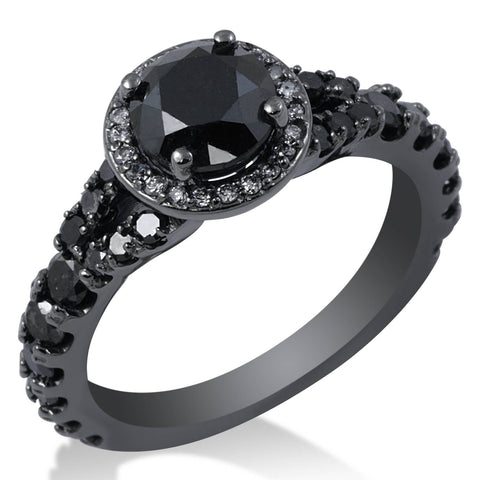 1 3/8ct Treated Black Diamond Split Shank Halo Engagement Ring 14K White Gold