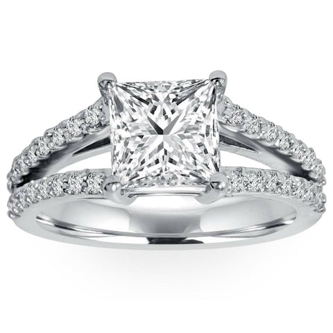 1 1/3Ct Princess Cut Split Shank Enhanced Diamond Engagement Ring 14K White Gold