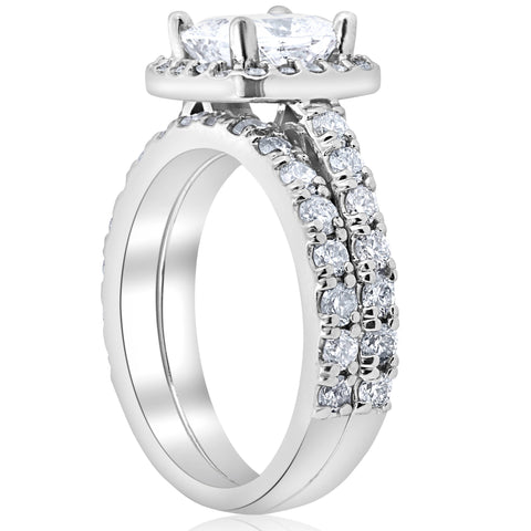 F/SI 3Ct Cushion Diamond Halo Engagement Wedding Ring Set White Gold Enhanced