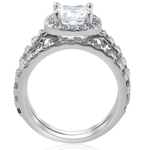 F/SI 3Ct Cushion Diamond Halo Engagement Wedding Ring Set White Gold Enhanced
