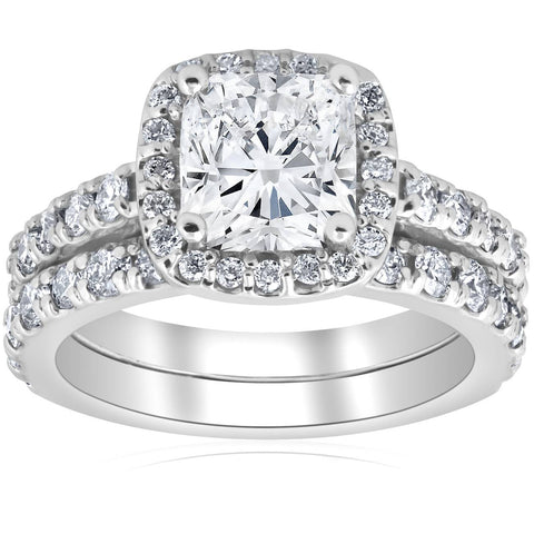 3 Ct Cushion Halo Diamond Engagement Wedding Ring Set 14k White Gold