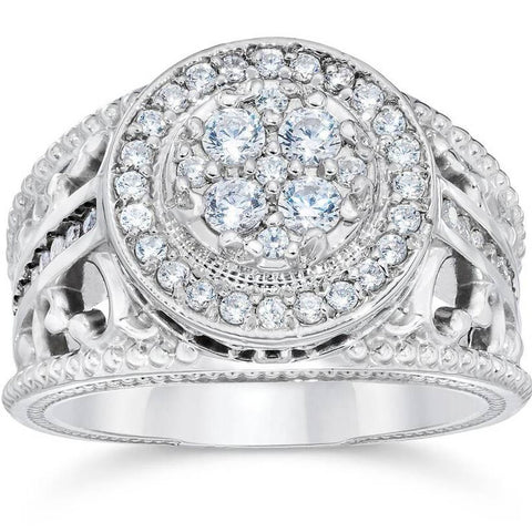 1 Carat Vintage Halo Diamond Pave Engagement Ring 10K White Gold