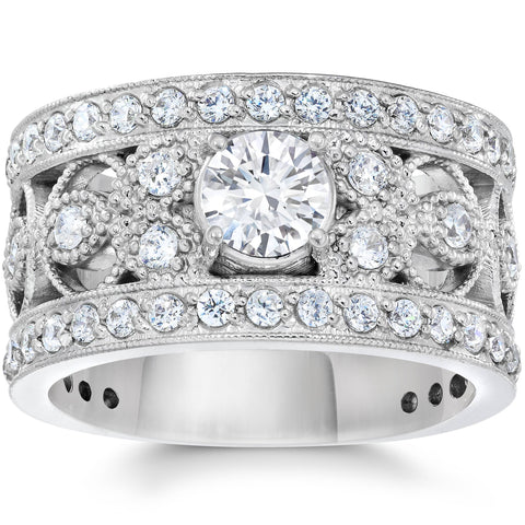 1 5/8 Carat Vintage Real Diamond Engagement Ring 10K White Gold Antique Filigree