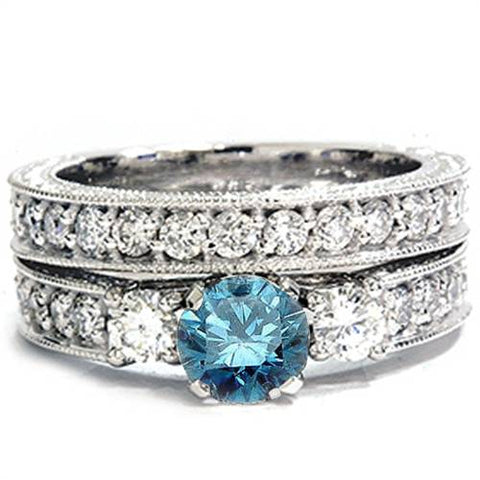 1 1/4ct Blue Diamond Three Stone Ring Set 14K White Gold
