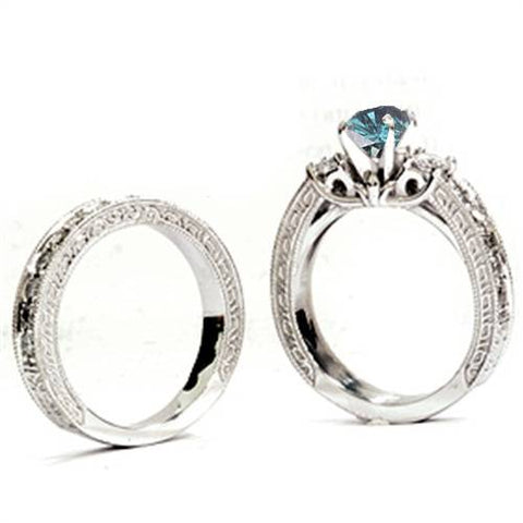 1 1/4ct Blue Diamond Three Stone Ring Set 14K White Gold