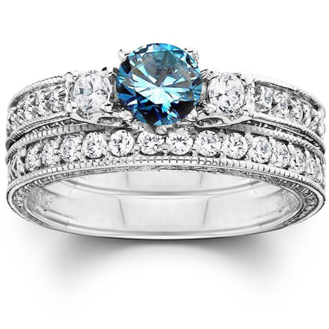 1 1/2ct Vintage Treated Blue Diamond Engagement Ring Matching Wedding Band Gold