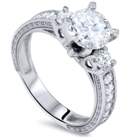 1 3/4ct Vintage Diamond Engagement Ring 14K White Gold Enhanced