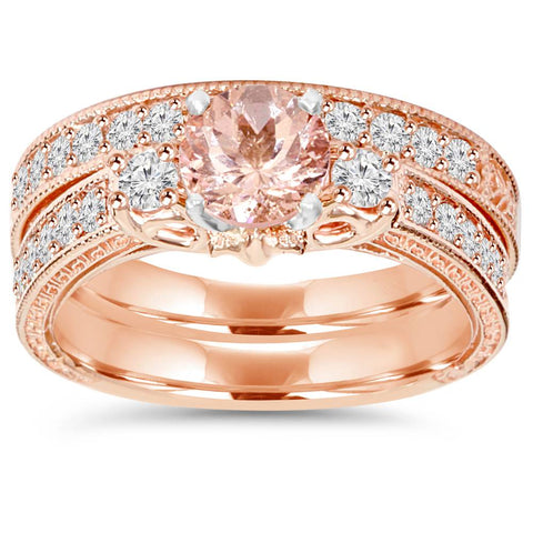 1 1/2Ct Vintage Diamond & Morganite Engagement Wedding Ring Set 14K Rose Gold