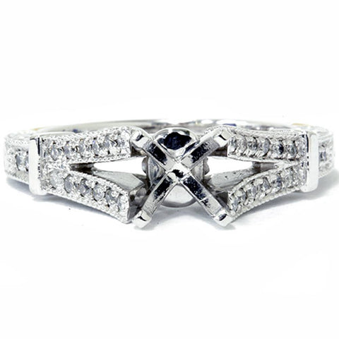 1/5ct Split Shank Vintage Diamond Semi Mount Engagement Ring 14K White Gold