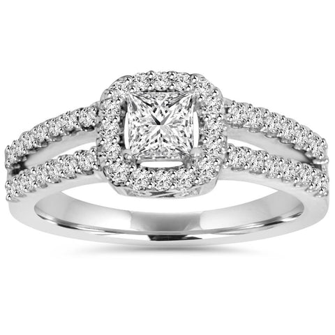 1.00 Ct Princess Cut Split Shank Halo Diamond Engagement Ring 14K White Gold