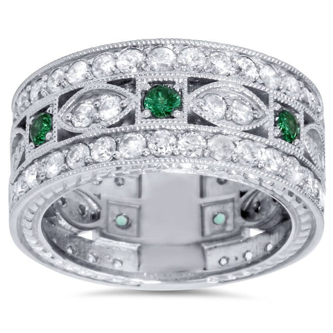 2 1/4ct Vintage Diamond & Created Emerald 3/4 Eternity Ring 9.5mm White Gold