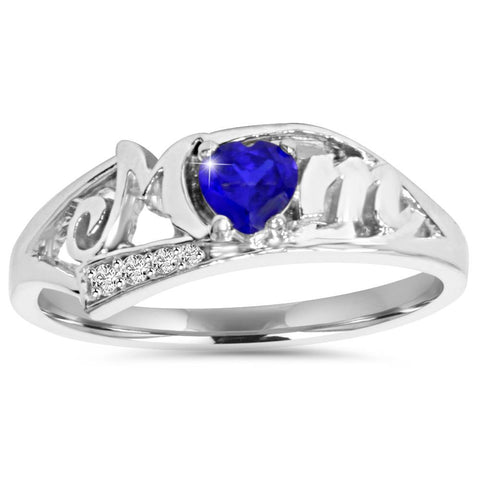 5/8ct Simulated Blue Heart Sapphire & Genuine Diamond MOM Ring 10K White Gold