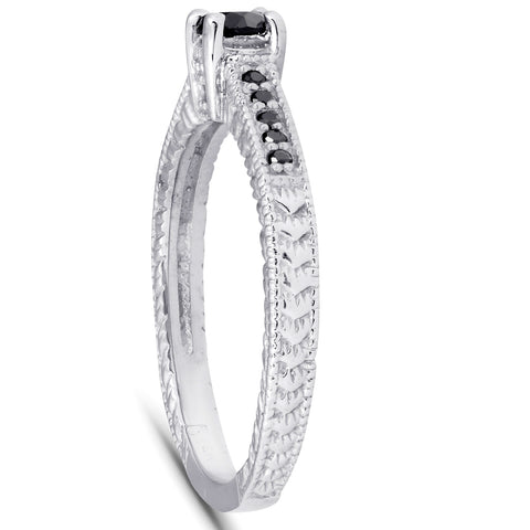 1/2 ct Black Diamond Vintage Engagement Ring 14k White Gold